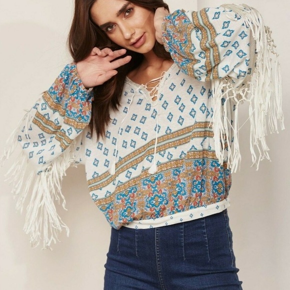 Free People Macra Maze Me Top Fringe Linen Women’s Small Boho Festival Western - Picture 1 of 14